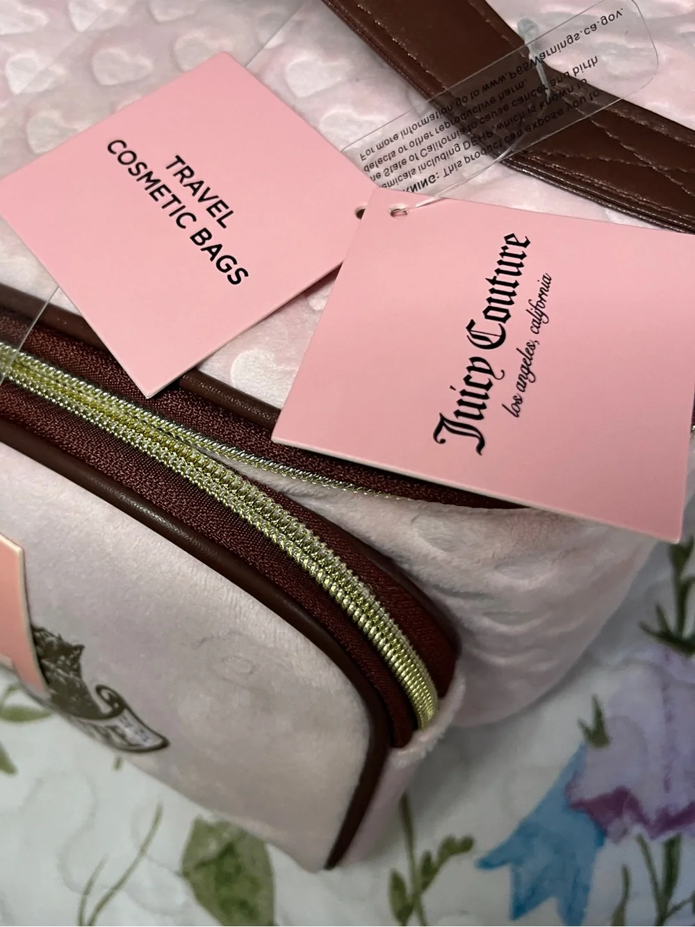 Juicy Couture Light Pink Cosmetic Case with Brown Trim and Gold Logo